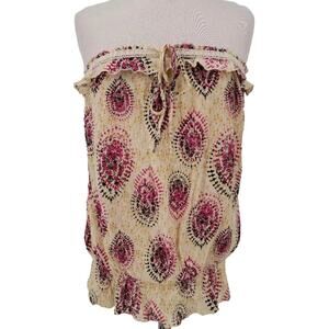 Decree Women's Medium Boho Y2K Sleeveless Top Crinkle Blouse Lace Trim Tie